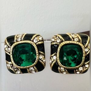 Heidi Daus CLIP ON 🆕 Emerald Green & Clear Crystals Black Enamel Button earrings